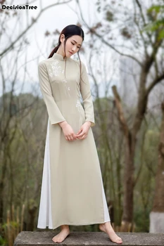 

2020 aodai women qipao chinese style elegant qipao stand collar long sleeve asian casual chiffon long aodai qipao