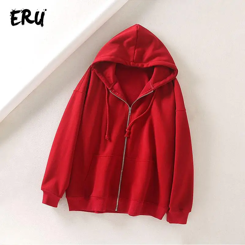 Red ERU черная повседневная толстовка на молнии для женщин зима с длинным рукавом негабаритных толстовки уличная хлопковая Свободная Толстовка mujer - Цвет: Red