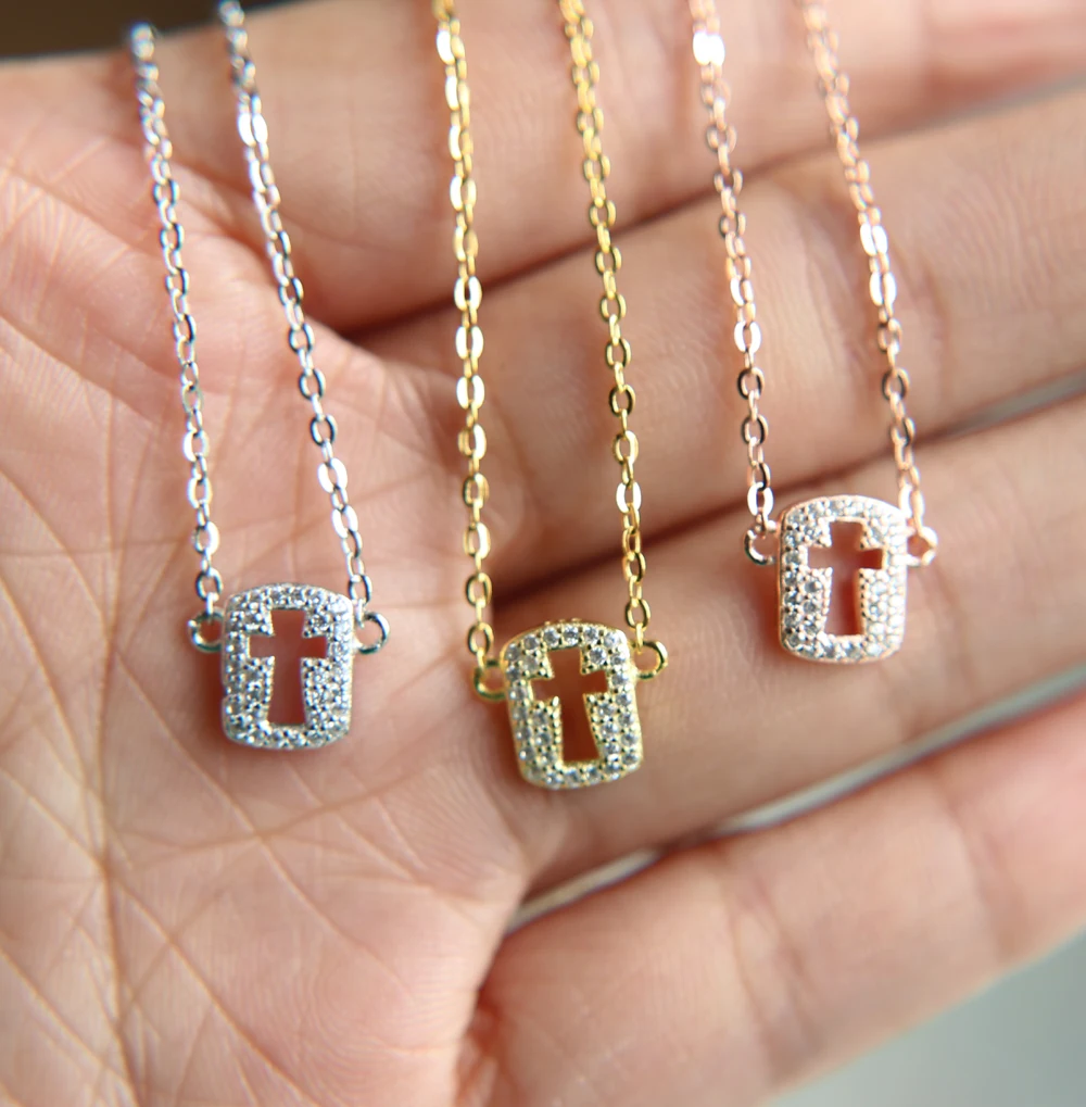 

100% real 925 sterling silver cross charm pendant necklace with aaa cz paved tiny charm tiny chain necklace in white gold color