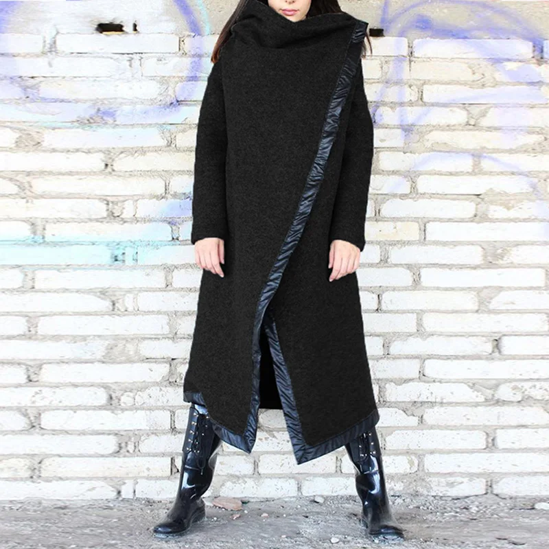 Зимние шерстяные пальто размера плюс, ZANZEA, женская зимняя верхняя одежда с длинным рукавом, куртки на пуговицах, куртки с высоким воротом - Цвет: Черный