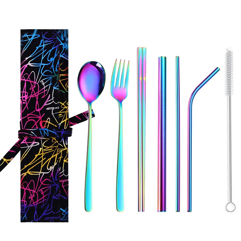 xc7pcs cutlery set Столовая посуда из нержавеющей стали столовый набор из вилок ложка палочки для еды металлическая соломинка ложка для работы путешествия школа портативный набор столовых приборов - Цвет: xc7pcs cutlery set