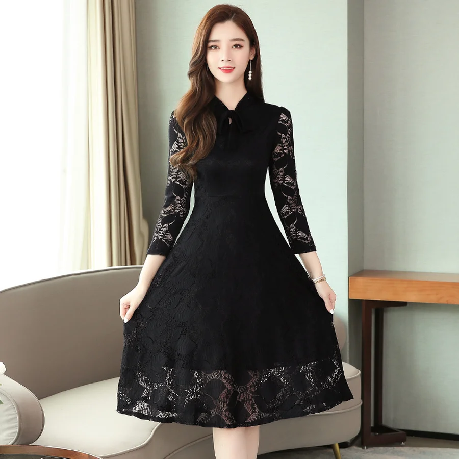 Винтажное черное кружевное платье миди, Осень-зима размера плюс, однотонное сексуальное платье с длинным рукавом, элегантные женские облегающие вечерние платья