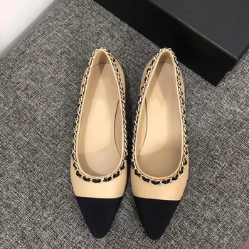 

2020 new color matching women's shoes leather flat shoes pointed women's shoes fashion chain casual flat shoes ladies shoes