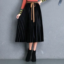 Золотая Бархатная юбка женская осень новая высокая талия металлическая цветная плиссированная юбка была тонкая драпировка Большие качели с поясом длинные юбки