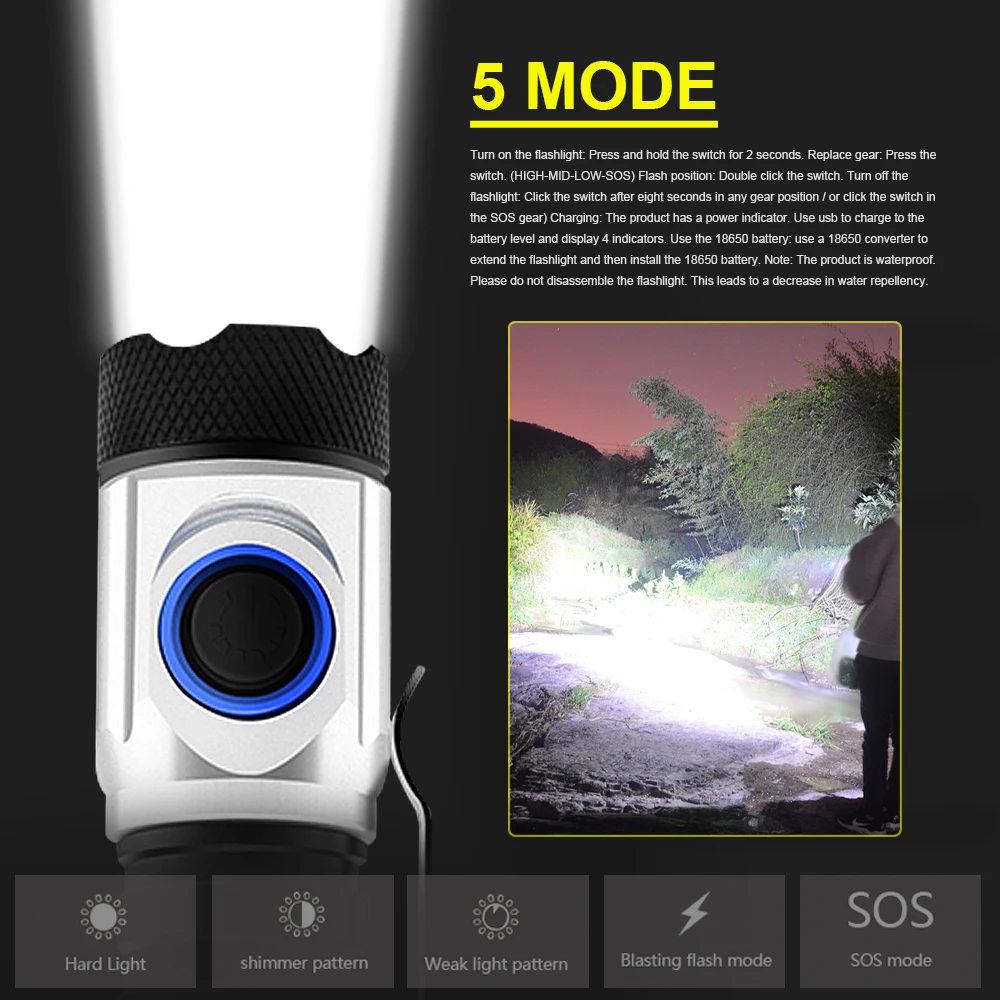 US $14.35 200000lumens Most Powerful Mini Tactical Led Flashlight Usb Xpg3 Led Torch Waterproof 18350 Or 18650 Battery Rechargeable