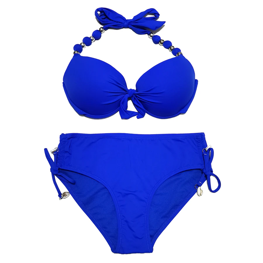 EONAR-Push Up Bikini Sets, Shoulder Strap, Beads Swimsuit, Mid Waist Bikini Sets, Full Coverage Bathing Suits, Swimwear