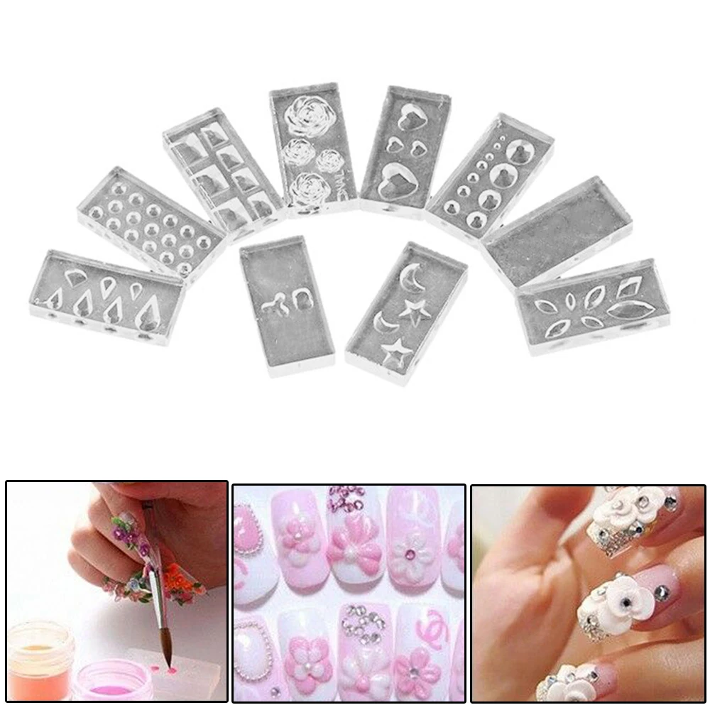 

10 Pcs/set Mixed Shapes DIY Nail Art Template 3D UV Gel Acrylic Powder Silicone Mould Set Beauty Manicure Decoration Tools