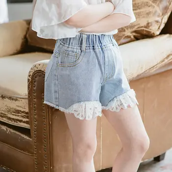 

New Summer Korean Girl Lace Print Jeans Shorts Casual Kids Girls Cute Shorts Jeans Short Lace Pocket Denim Shorts Children 4-13Y