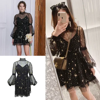 

New syncch star luxury Icynu winter turtleneck cascading bitter fleabane bitter fleabane gauze lantern sleeve dress