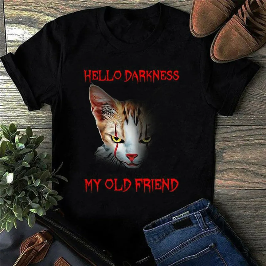 

It Cat Hello Darkness My Old Friend Halloween Black Men Cotton S-6Xl T Shirt Summer O Neck Tops Tee Shirt