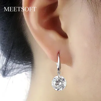 

MEETSOFT 925 Sterling Silver Prevent Allergy Crystal Drop Earrings for Women Trendy Small Circle Jewelry Gift