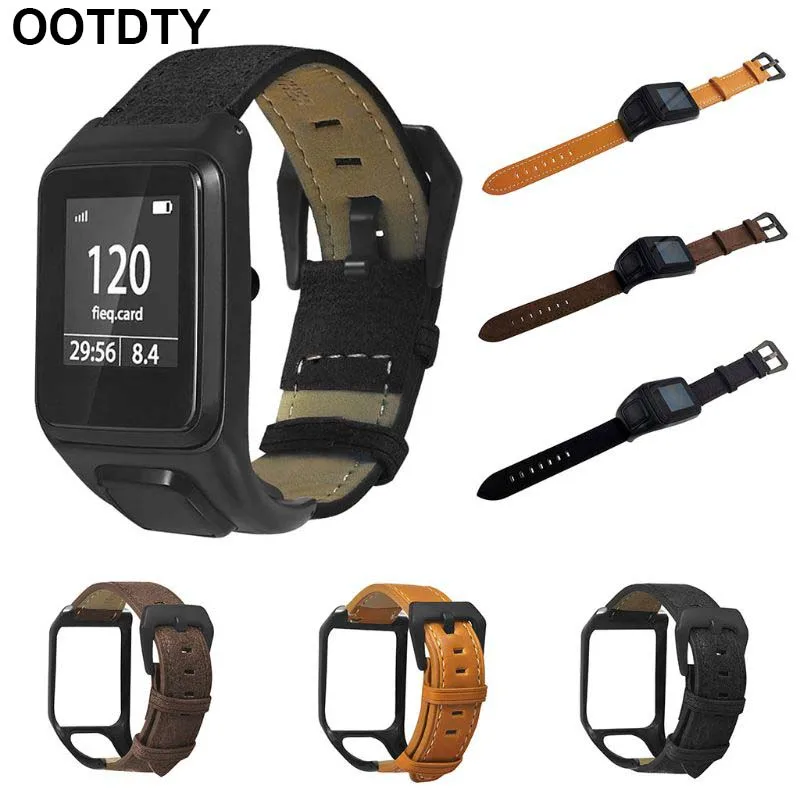 

Replaced Genuine Leather Wrist Strap Metal Clasp Buckle Watchband Bracelet for TomTom Runner 2 3/Spark 3 Cardio/Music/Adventurer