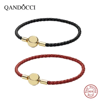 

QANDOCCI 2020 Spring Festival 100% 925 Sterling Silver Shine Red Black Single Leather Bracelet Original High Quality