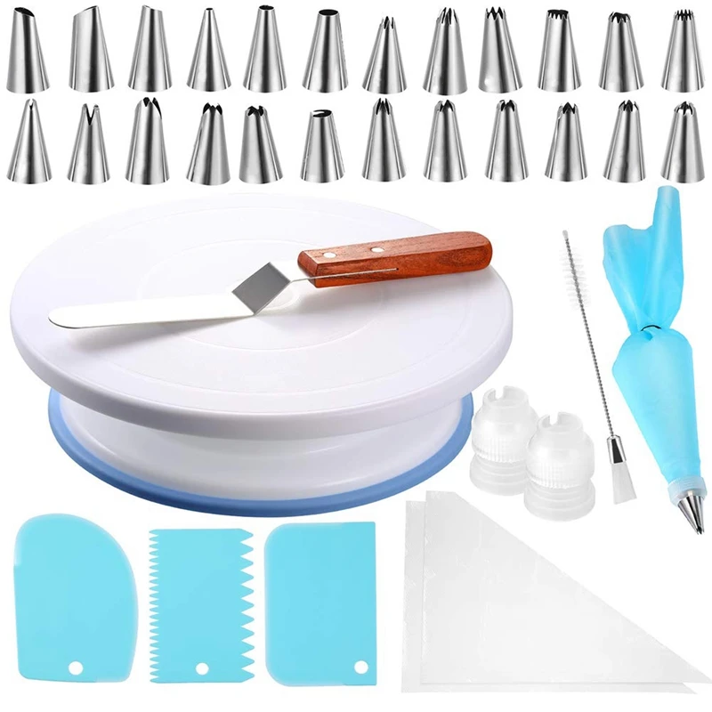 

42 Pcs Cake Decorating Supplies Kits 11 Inch Rotating Cake Turntable Stand,Icing Tips, Cake Smoother Scrapers, Disposable Bags,