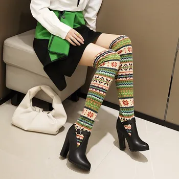 

OLOMLB Women Splice Color Pointy Toe Knitted Floral Over Knee High Boots Warm Winter Block Heel Shoes Pull on Plus Size 3Colors