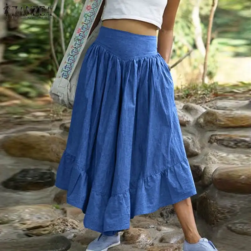 ZANZEA Summer High Waist Flare Trousers Bohemian Ruffles Hem Pants Women Wide Leg Pantalon Casual Lace Up Flounce Palazzo 5XL