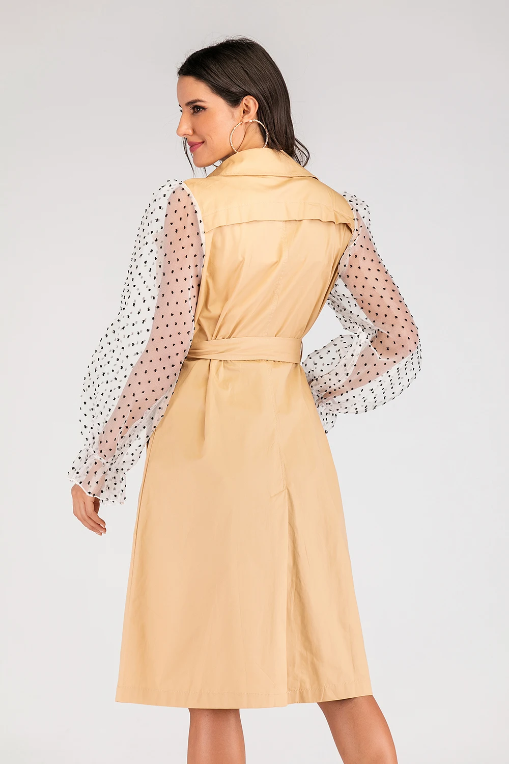 2020 New Double Breasted Spliced Dot Print Sleeve Long Trench Coat Women Windbreaker Turn-down Collar Lace-Up Long Overcoats