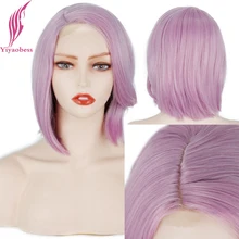 

Yiyaobess Short Bob Wig For Women Pink Dark Roots Red Ombre Straight Lace Wig Synthetic Hair Cosplay Peruca High Temperature