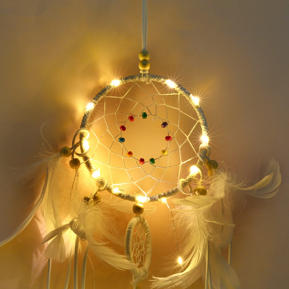 New Feather Dream Catcher with 20 LEDs String Lights Handmade Wall Hanging Decoration Chritmas Bedroom Home FeatherOrnaments