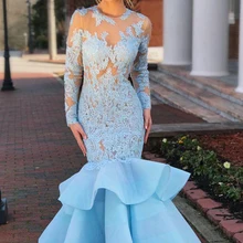 Светильник небесно-голубое кружевное платье для выпускного вечера с длинным рукавом, многослойная юбка с открытой спиной, вечернее платье русалки на заказ