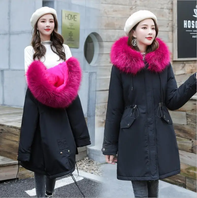 30 градусов, одежда для снежной погоды Длинные парки зимняя куртка Для женщин с меховым капюшоном Костюмы женский Меховая подкладка Толстое Зимнее пальто Для женщин - Цвет: Rose red