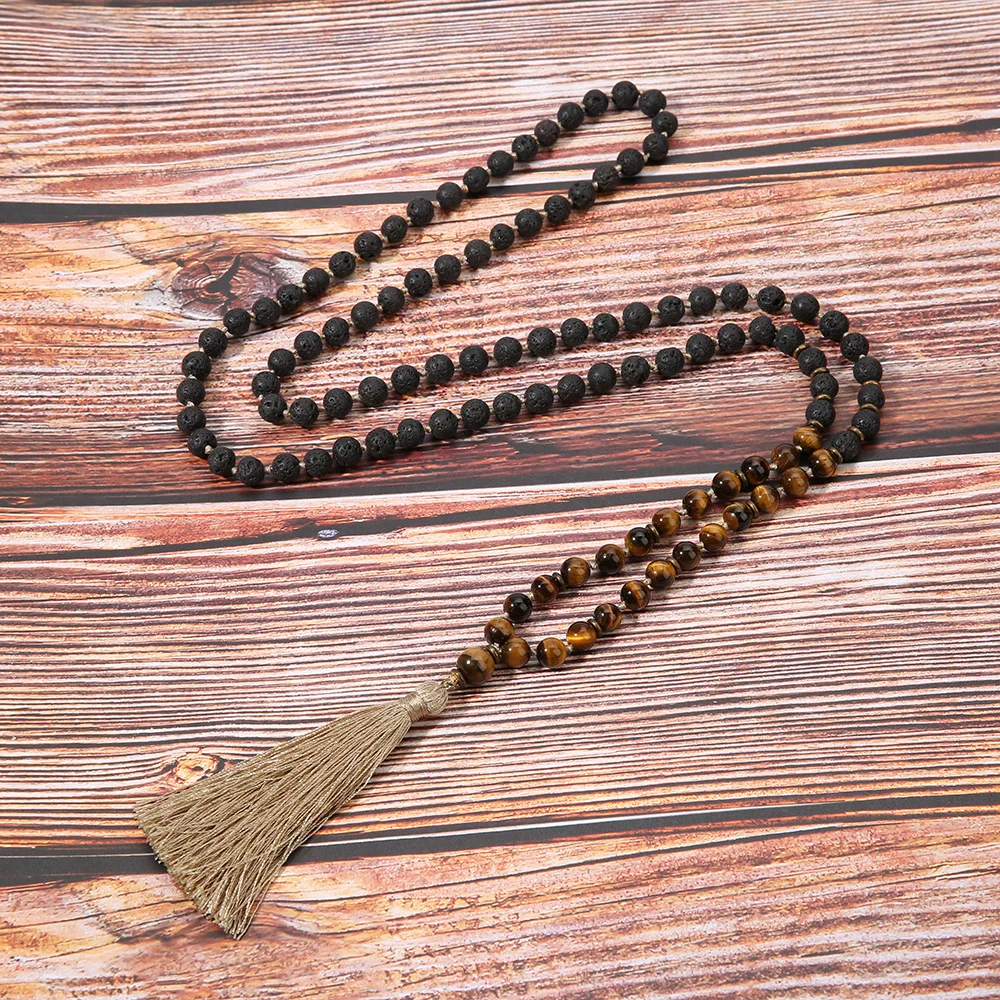 

Long Sweater Necklace Natural Stone Tiger's Eye Volcanic Rock Bohemian Tassel Necklace