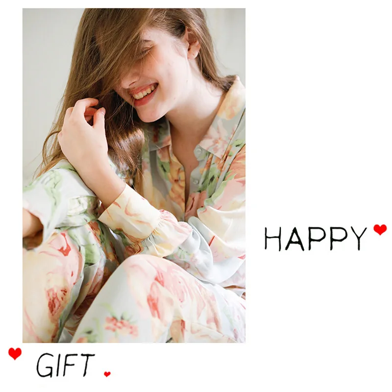 Модные женские пижамы сатиновая Пижама с отложным воротником и длинными рукавами и штаны с цветочным принтом, повседневная домашняя одежда для сна