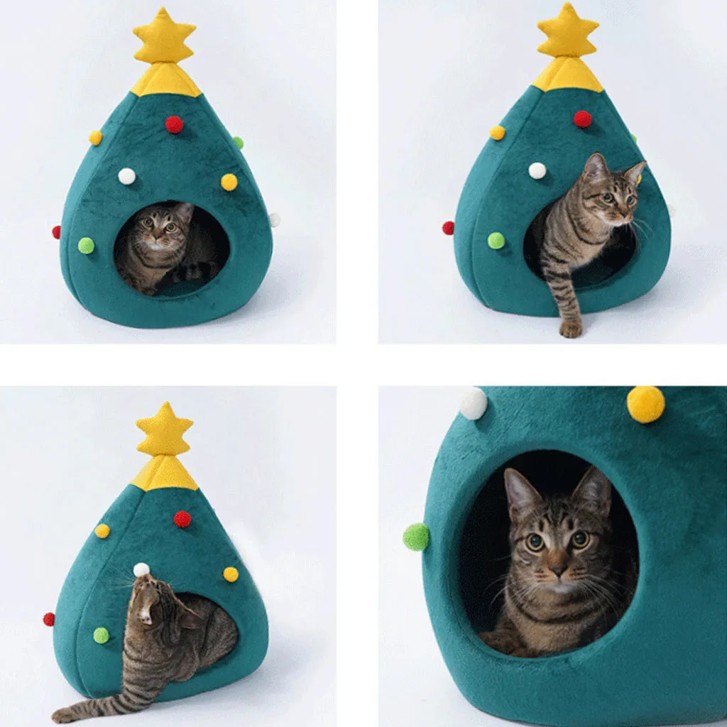 Прочная кровать для питомца Милая Рождественская елка в форме кошачьего домика полузакрытый Рождественский теплый мягкий зимний питомец кошачий наполнитель хороший подарок для кошки