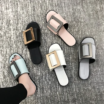 

2020 Summer New Brand Design Round Toe Shallow Slip On Women Falts Sandals Casual Shoes Woman Buckle Decoration Slippers