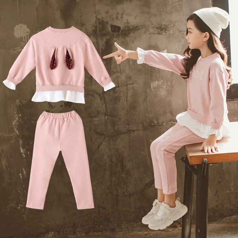 

2019 Spring Girls Spring Clothing Korean-style Solid Color Sequin Set Children Rabbit Eared Hoodie Pants Two-Piece Set