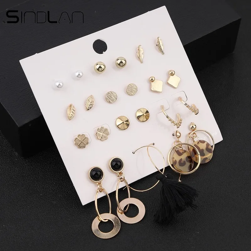 

Sindlan 12 Pairs Leopard Print Black Tassel Stud Earrings Set for Women Gold Leaf Flower Geometric Small Earrings Brinco Jewelry
