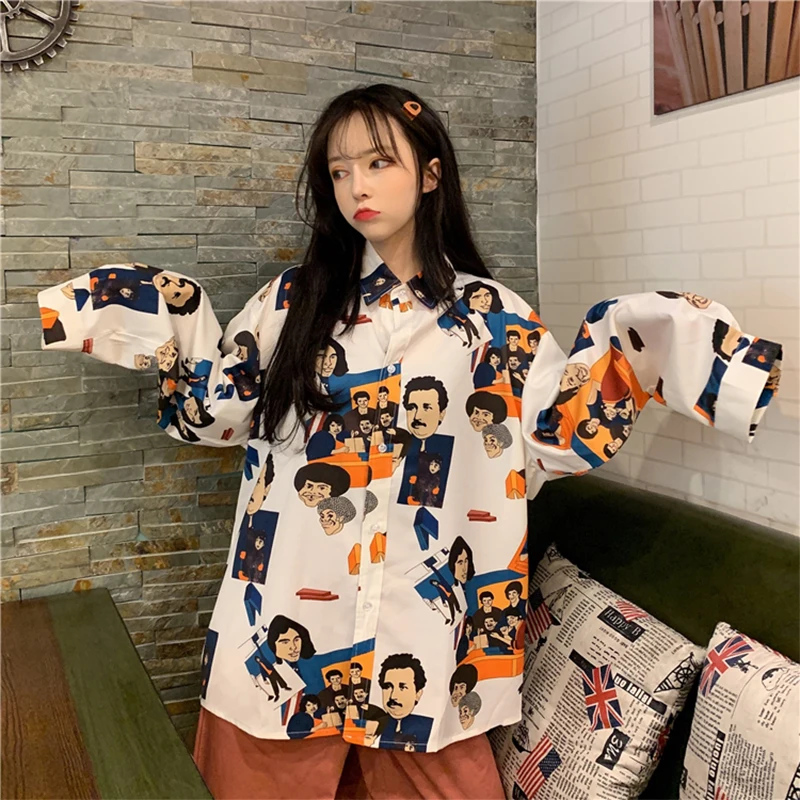 

Harajuku Women Blouse And Tops Printed Vintage Korean Spoof character Long Sleeve Casual Blusas Hawaiian Beach Female Lady Shirt