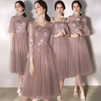 

Bridesmaid Dresses Brown Embroidery Crepe Wedding Guest Dress V-Neck Full Sleeve Vestidos Strapless Tea-Length Formal Gowns R068