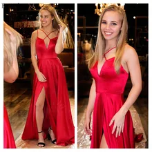 Baijinbay красные вечерние платья с перекрещивающимися лямками длинные трапециевидные вечерние платья без рукавов для выпускного вечера атласное вечернее платье с разрезом полная длина
