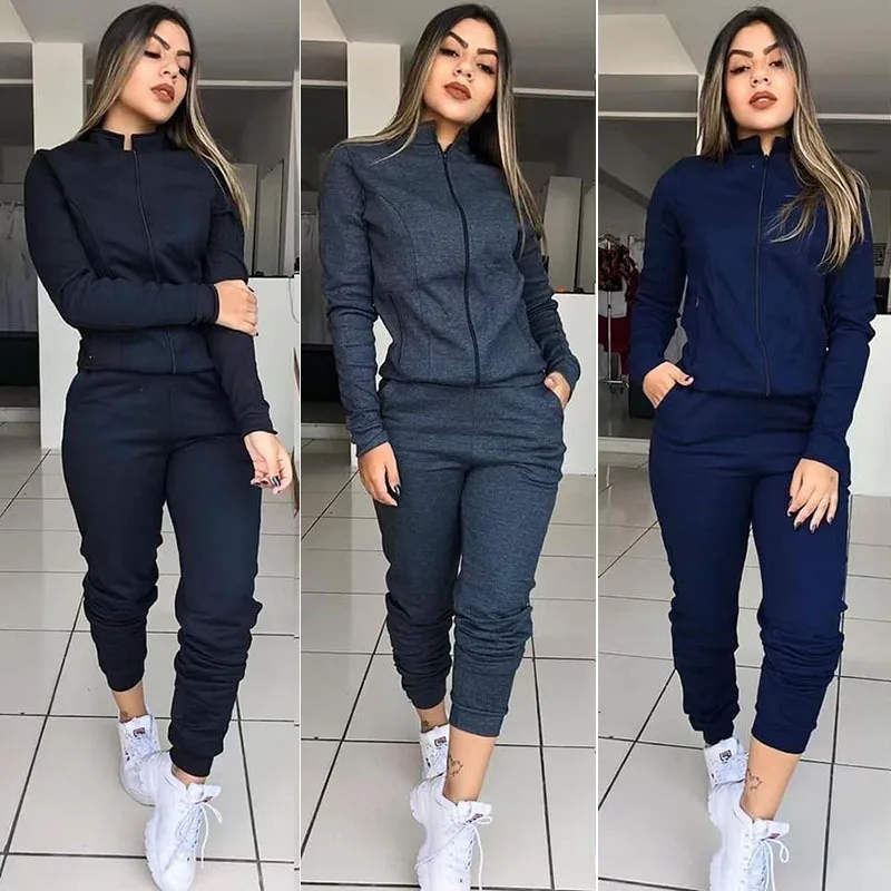 

Causal Women's Autumn Solid Color Long Sleeve Outfits Sportswear Two-piece Set Zipper Tops And Pants Fashion women Tracksuit