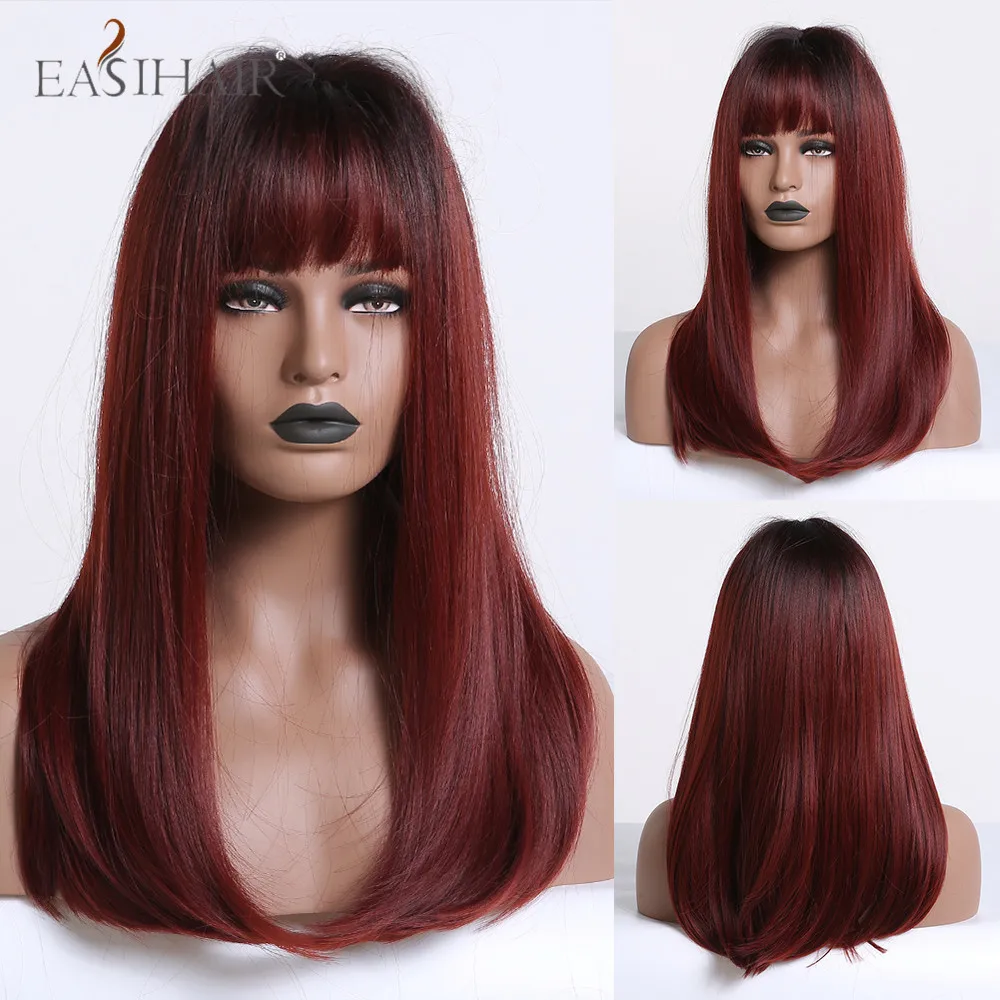 

EASIHAIR Long Straight Black to Red Ombre Hair Wigs With Bangs Heat Resistant Synthetic Wigs for Women Daily Natural False Hair