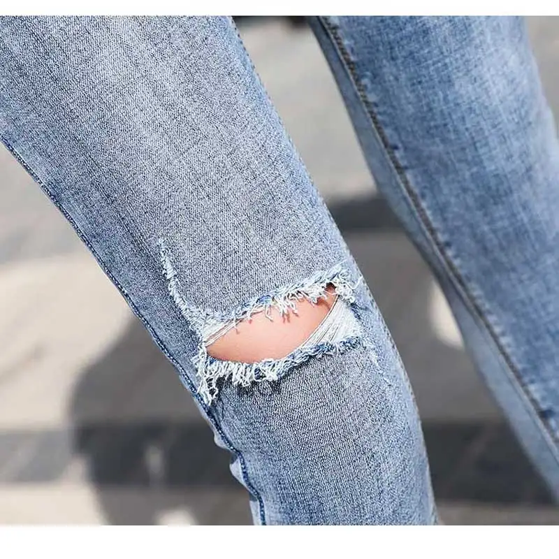 Джинсы женские с дырками весенние тонкие корейские обтягивающие штаны с 9 точками Летние Новые повседневные светло-голубые джинсы женские джинсы