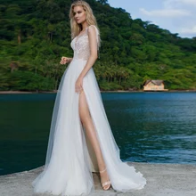 Modern Wedding Dresses 2021 A-Line V-Neck Front Slit Tulle Sleeveless Elegant Sweep Train Lace Appliques Button Back Court Train