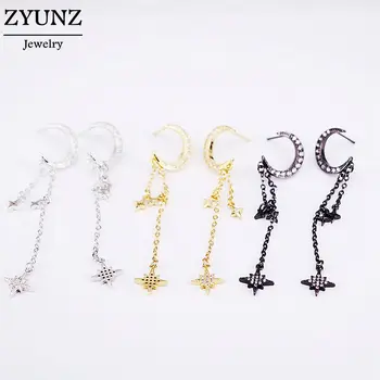 

4 Pairs, CZ Crystal Zirconia Star Tassel Dangle Earrings Micro Pave CZ Charm Moon Earring For Women Girls