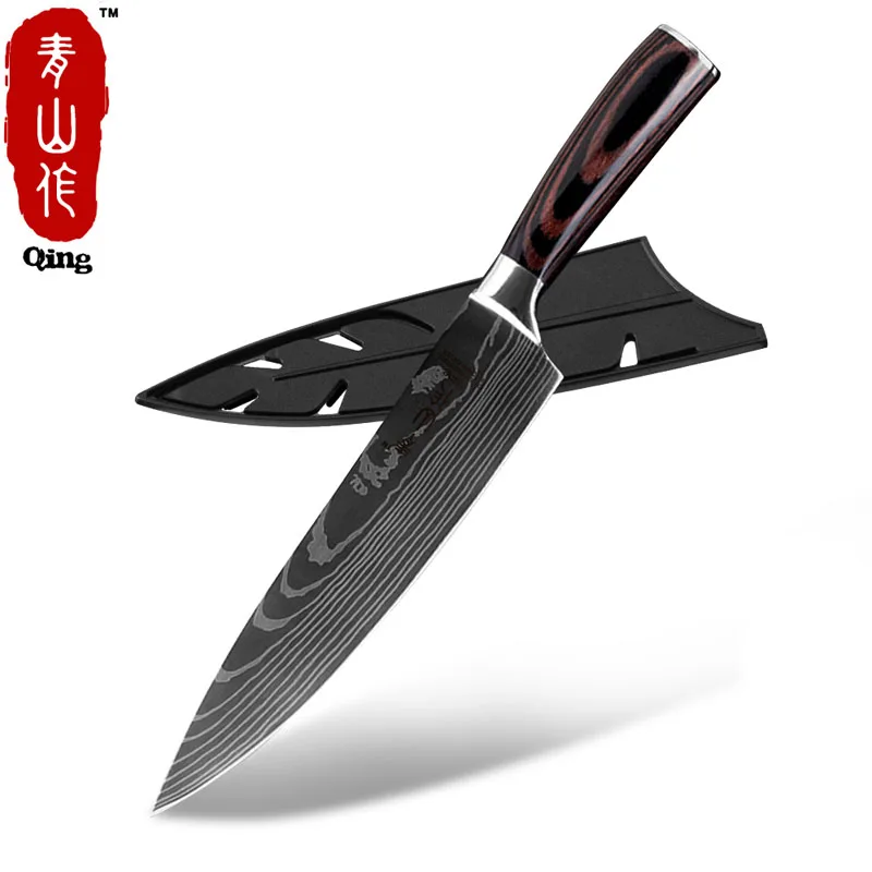 8 chef knife Qing Quality Chef Knife 7CR17 High Carbon Stainless Steel Japanese Series Damascus Laser Pattern 8" 7" 5" 3.5" Kitchen Knife - Color: 8 chef knife