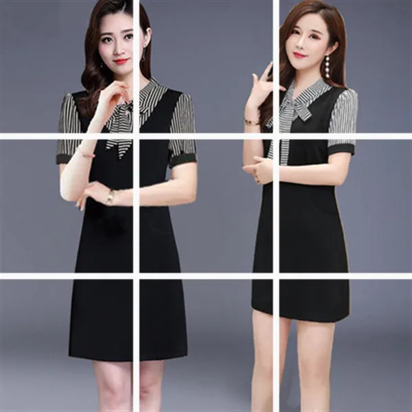 

2019 Summer New Style Mid-length Middle-aged Women Dress Stripes Splicing Dress Fake Two-Piece Large Size Short Sleeve A- line S