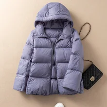 

FAKUNTN Winter New Light Hooded Warm Down Jacket Women 90% White Duck Down Soft Fit Coat Casual Bread Solid Color Short
