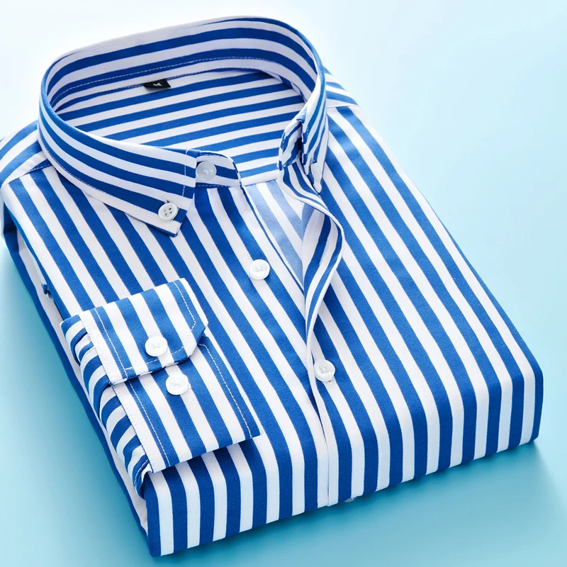 Полосатая Мужская рубашка большого размера, многоцветная Повседневная рубашка с длинными рукавами, деловая Мужская рубашка большого размера - Цвет: Синий