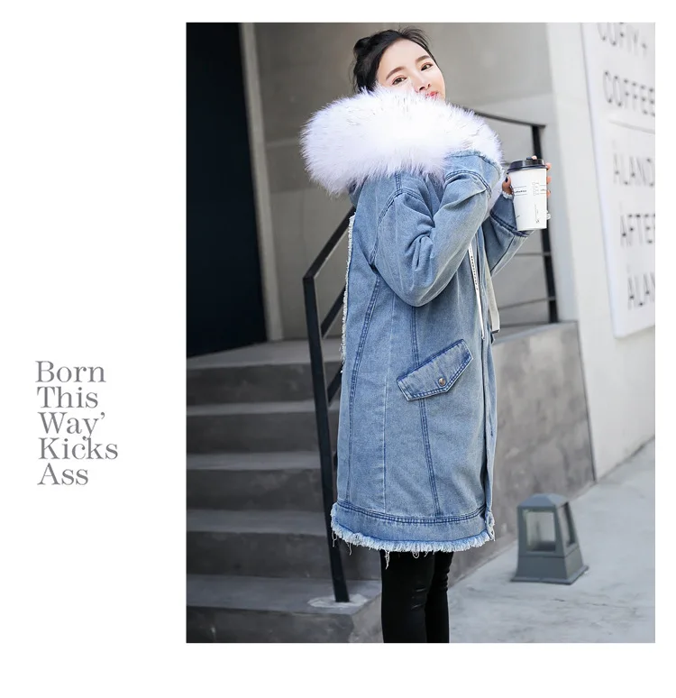 Джинсовая куртка осень зима пальто женская одежда корейская ВИНТАЖНАЯ ДЖИНСОВАЯ Куртка парка с меховым воротником теплые толстые парки Топы ZT4493