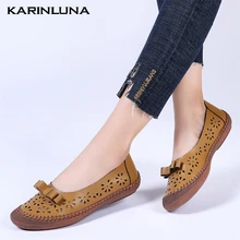 KARINLUNA/Новые брендовые водонепроницаемые мокасины из натуральной кожи размера плюс 45 удобная летняя женская обувь с круглым носком без застежки для мам женская обувь на плоской подошве