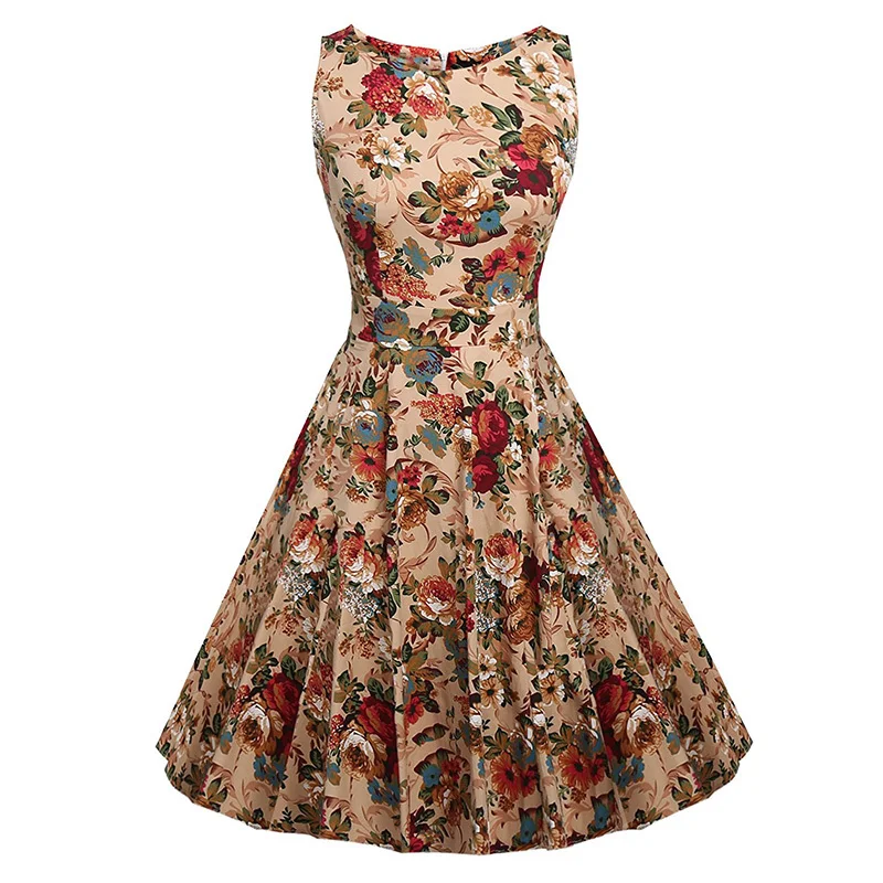 Kostlish Cotton Summer Dress Women 2017 Sleeveless Tunic 50s Vintage Dress Belt Elegant Print Rockabilly Party Dresses Sundress (25)
