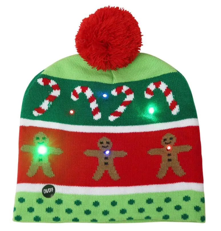 Светодиодный головной убор на Рождество для женщин и мужчин, шапка Санты для мальчиков и девочек, шапка с рождественским помпоном и подсветкой, вязаная шапка для рождественской вечеринки - Цвет: Слоновая кость