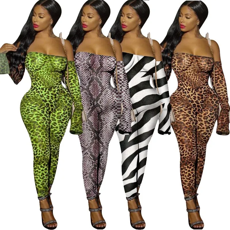 

Leopard Print Sheer Mesh Jumpsuits Women Sexy Long Sleeve Slash Neck Romper Slim Perspective Night Club Outfits