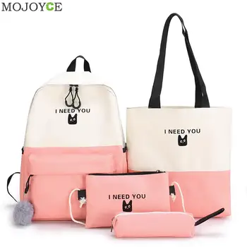 

Preppy Style Letter Backpack 4pcs/Set Canvas Travel Shoulder Bag Pencil Clutches Multi-functional Studying Accessaries Supplies