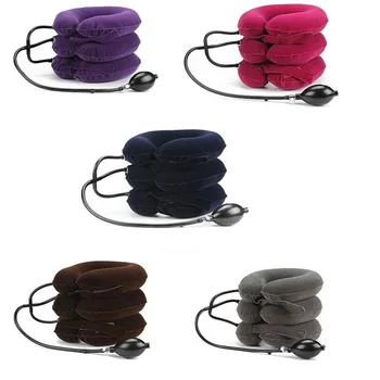 

3 Pipe Full Velvet FAST Inflatable Air Pump Neck Cervical Traction Collar Therapy Massage Pillow Pain Relief Car Travel Cover